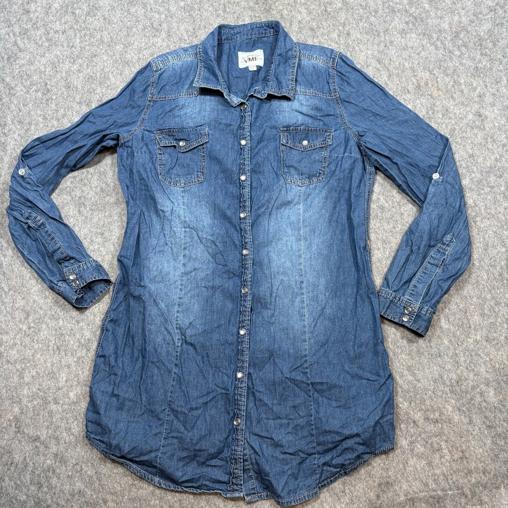 YMI Mini Dress Women's Size XL Snap Button Denim Blue Tunic Top Long Sleeves
